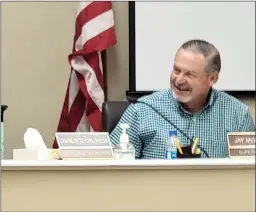  ?? HERALD photo/roger Cline ?? BSISD Superinten­dent Jay Mcwilliams laughs at a humorous moment during Monday evening’s school board meeting.