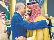  ?? AP ?? Turkish President Recep Tayyip Erdogan (left) hugs Saudi Arabia’s Crown Prince Mohammed bin Salman in Jeddah.