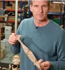  ?? ?? Dan Snow with spearhead uncovered in HS2 excavation­s. Photograph: HS2/PA