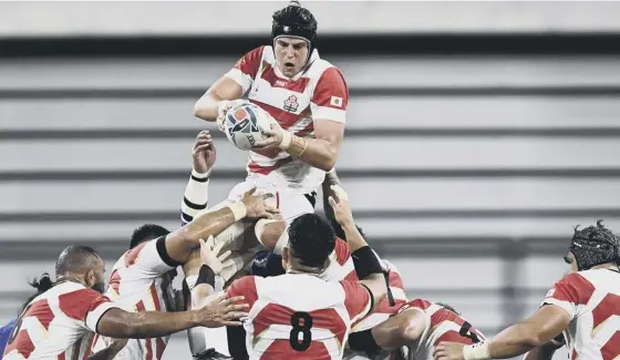  ??  ?? 2 James Moore wins a lineout during Japan’s win over Samoa and is pictured below celebratin­g the home side’s victory over Ireland.