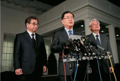  ??  ?? South Korean National Security Adviser Chung Eui-yong (center) briefs reporters outside the West Wing of the White House on March 8, 2018, in Washington, D.C., announcing US President Donald Trump has agreed to meet with North Korean leader Kim Jong-un by May.