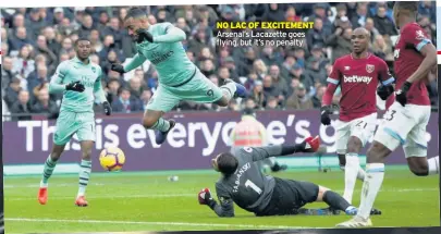  ??  ?? NO LAC OF EXCITEMENT Arsenal’s Lacazette goes flying, but it’s no penalty