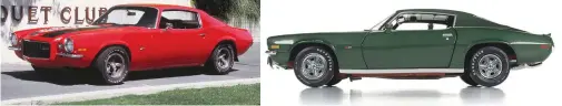  ??  ?? Bill Mitchell presided over the entire muscle car era at GM. He added his own stylistic touches to the Camaro redesign in 1970 (left). Auto World has a few nice ’70 Camaros in 1:18 (right).