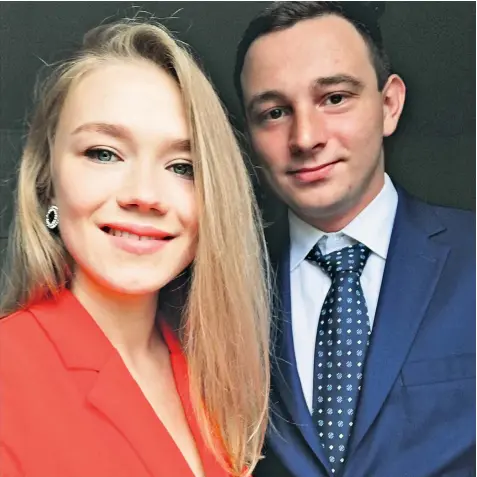  ??  ?? ‘Happy’ Agne Banuskevic­iute is surprised at the criticism of her fiancé, Edgaras Averbuchas, who proposed to her at her graduation ceremony, top left