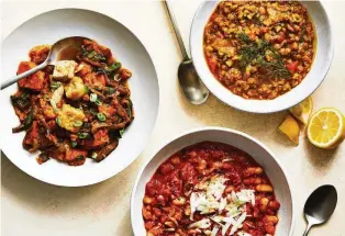  ?? NEW YORK TIMES ARMANDO RAFAEL PHOTOS / THE ?? Clockwise from left: sweet potato-tofu stew, red lentil-barley stew and spicy tomato white bean stew. These lush recipes from Melissa Clark bring out the best in winter vegetables.