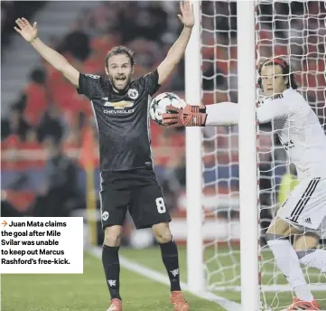  ??  ?? 3 Juan Mata claims the goal after Mile Svilar was unable to keep out Marcus Rashford’s free-kick.