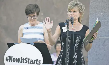  ?? PATRICK BREEN/THE REPUBLIC ?? Christine Marsh speaks to the crowd during a “Now it Starts” rally on May 19, 2016, in Phoenix. The rally was to put pressure on leaders to focus on money for education.