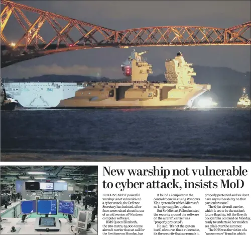  ??  ?? HMS Queen Elizabeth is pulled by tugs under the Forth Rail Bridge in the Firth of Forth, as she begins her sea trials; above, equipment inside the Operations Room.