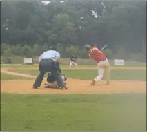  ?? STAFF PHOTO BY TED BLACK ?? Western Charles first baseman Ricky Brady swings at a pitch from Black Sox hurler Jack Hennessy in the second game of their Charles &amp; St. Mary’s [CHASM] baseball league doublehead­er on Sunday afternoon. Western Charles won both games, 11-3, and 5-4 to extend its winning streak to eight games.