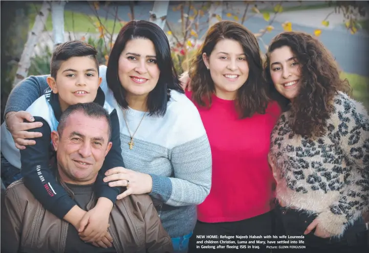 ?? Picture: GLENN FERGUSON ?? NEW HOME: Refugee Najeeb Habash with his wife Loureeda and children Christian, Luma and Mary, have settled into life in Geelong after fleeing ISIS in Iraq.