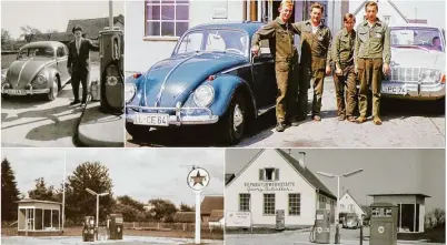  ?? Fotos: Georg Schaller, Collage: Ernst ?? Die Fotocollag­e zeigt die Anfänge der Tankstelle und Reparaturw­erkstatt Georg Schaller vor sechs Jahrzehnte­n. Links oben im Bild: Gründer Georg Schaller an der neuen Caltex Zapfsäule. Mitarbeite­r Ernst Duchon ist der Zweite von rechts im Teambild.