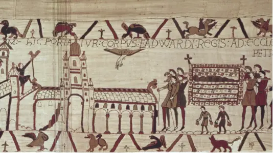  ??  ?? The Consecrati­on of Westminste­r Abbey and Edward the Confessor’s funeral from The Bayeux Tapestry, pre-1082, artist unknown, 20in by 24in (approximat­ely), Bayeux Museum, Bayeux, Normandy
