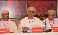  ??  ?? MAKING PROGRESS: Oman Football Associatio­n chief Sheikh Salim Al Wahaibi, centre, speaks during the Annual General Assembly at Sheraton Muscat Hotel on Saturday.