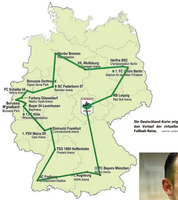  ?? GRAFIK: VEREIN ?? Die Deutschlan­d-Karte zeigt den Verlauf der virtuellen Fußball-Reise.