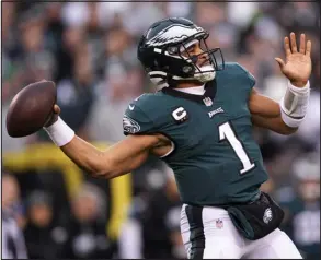  ?? MATT ROURKE — THE ASSOCIATED PRESS FILE ?? Philadelph­ia Eagles QB Jalen Hurts missed two games this season with a bad shoulder. Gardner Minshew went 0-2 starting in his place.
