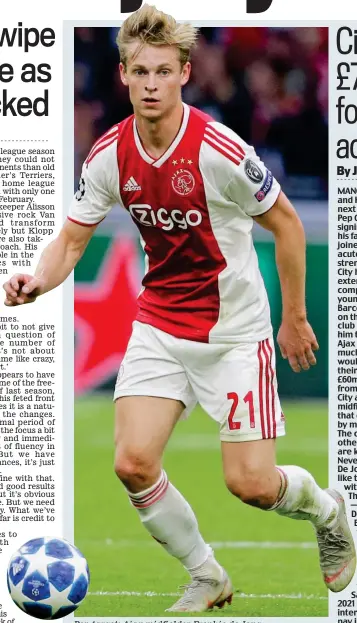  ?? GETTY IMAGES ?? Pep target: Ajax midfielder Frenkie de Jong