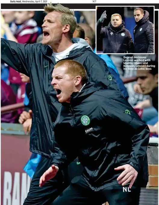  ??  ?? Dugout decisions: Lennon worked with Mjallby (main) and Kennedy (above) during his time as Celtic boss