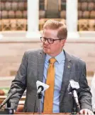  ?? NATHAN PAPES/SPRINGFIEL­D NEWS-LEADER ?? Senate President Pro Tem Caleb Rowden speaks at a press conference at the Missouri State Capitol Building on Jan. 4.