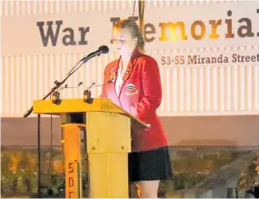  ?? Photo / Vicki Zieltjes ?? Stratford High School head girl Ella Hussey spoke at the Anzac Day Dawn Service in Stratford this year.