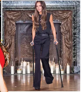  ?? ?? Finale: Victoria Beckham comes out on crutches. Below: David with Harper