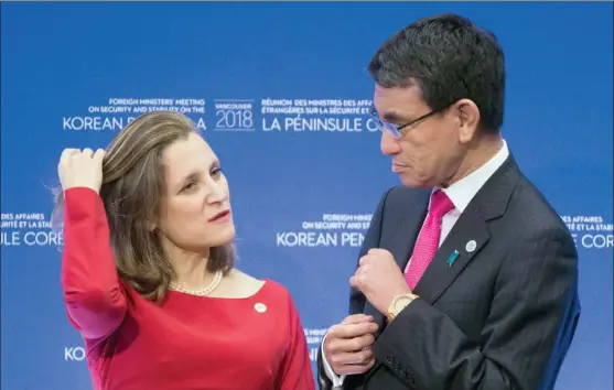  ?? The Canadian Press ?? Chrystia Freeland speaks with Japan's Foreign Affairs Minister Taro Kono at a meeting about North Korea in Vancouver.