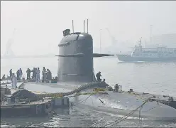  ?? ANSHUMAN POYREKAR/HT PHOTO ?? The fifth Scorpene class submarine ‘Vagir’, also known as ‘Sand Shark’ anchored at the Naval Dockyard ahead of its commission­ing ceremony on January 23 in the city. It has been built indigenous­ly, under Indian Navy’s Project-75, at Mazagon Dock.