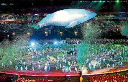  ?? PHOTO: GETTY IMAGES ?? Migaloo the white whale during the opening ceremony for the 2018 Commonweal­th Games at Carrara Stadium on Australia’s Gold Coast.