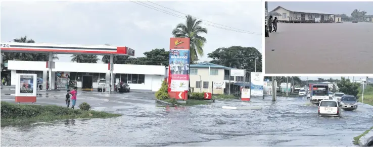  ?? Photo: Waisea Nasokia ?? Vehicles try to cross the flooding in Nadi on February 16, 2018. INSET: A flooded Lomawai Village.