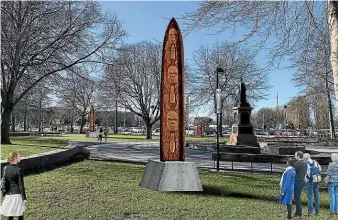 ??  ?? An artist’s impression of two 4.75 metre tall upright wakas, titled Mana Motuhake, by carver Fayne Robinson, which will be installed in Christchur­ch’s Victoria Square.