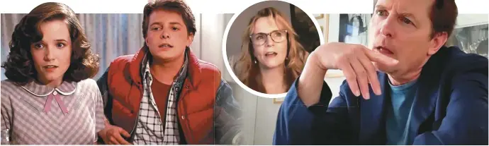  ??  ?? 莉亞湯普遜（圓圖）、米高福克斯（上右圖），曾在「回到未來」裡演母子（上左圖），多年之後再度視訊重逢。
（截圖自YouTube、取材自IMDb）