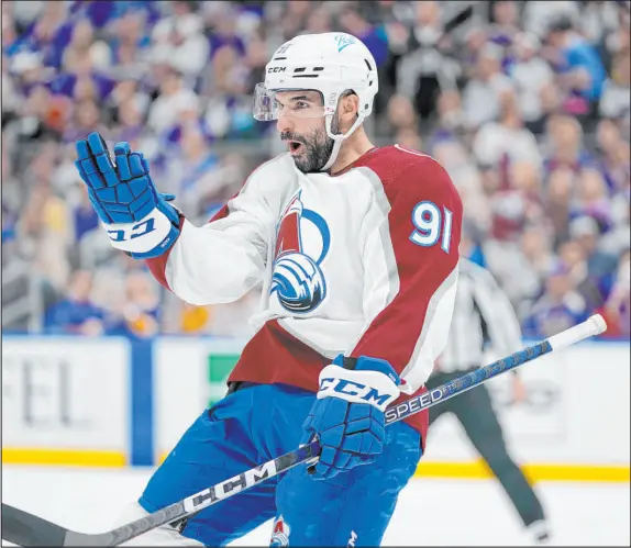  ?? Jeff Roberson The Associated Press ?? Colorado Avalanche’s Nazem Kadri celebrates after scoring during the third period in Game 4 against St. Louis on Monday. Kadri had received death threats prior to Game 4 after he knocked Blues goalie Jordan Binnington out of the series in Game 3.