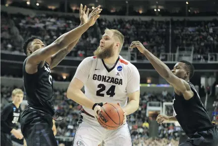  ?? SEAN M. HAFFEY/GETTY IMAGES ?? Przemek Karnowski and the Gonzaga Bulldogs made school history Saturday in San Jose, disposing of the persistent underdog Xavier Musketeers to reach the Final Four. They are the first West Coast Conference team to do so since San Francisco in 1957.