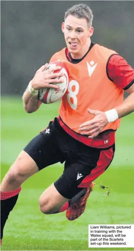  ??  ?? Liam Williams, pictured in training with the Wales squad, will be part of the Scarlets set-up this weekend.