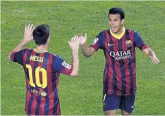  ?? AP ?? Barcelona’s Pedro Rodriguez, right, celebrates one of his goals with Lionel Messi.