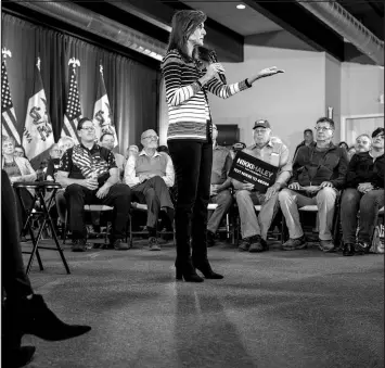  ?? JORDAN GALE / THE NEW YORK TIMES ?? Nikki Haley, a Republican presidenti­al candidate, speaks during a campaign event Nov. 16 in Waverly, Iowa. Powerful players in the business world have gravitated toward Haley, aware that she remains an underdog but beginning to believe she has a chance.