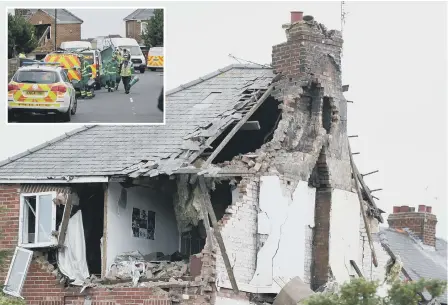  ??  ?? The remains of the house in Rosslyn Avenue, Ryhope, after the gas explosion and, inset, fire crews on the scene.