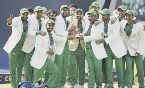  ??  ?? 0 Pakistan, who began as the lowest-ranked team in the tournament, lift the ICC Champions Trophy after their 180-run win over India.