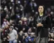  ?? SEAN RAYFORD - THE ASSOCIATED PRESS ?? South Carolina head coach Dawn Staley stands on the court before an NCAA college basketball game Sunday, March 1, 2020, in Columbia, S.C. South Carolina defeated Texas A&M 60-52.