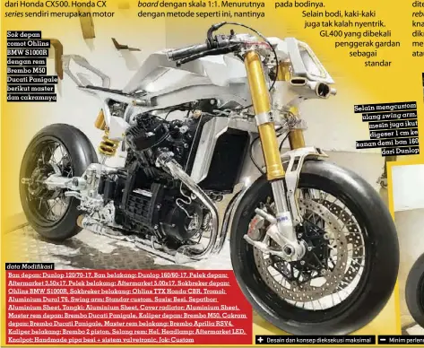  ??  ?? Sok depan comot Ohlins BMW S1000R dengan rem Brembo M50 Ducati Panigale berikut master dan cakramnya
Selain mengcustom ulang swing arm, mesin juga ikut digeser 1 cm ke kanan demi ban 160 dari Dunlop