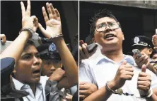  ?? Photos by Ye Aung Thu / AFP / Getty Images ?? Journalist­s Kyaw Soe Oo, left, and Wa Lone are escorted by police Monday after they were sentenced to seven years in jail.