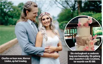  ??  ?? Charlize en haar man, Warren Linden, op hul troudag. Die vierlaagko­ek se onderste laag was kunsmatig. Dis geborg deur Jeanette’s Cake Creations, ter waarde van R5 000.