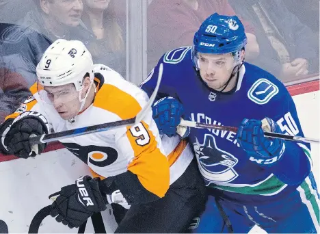  ?? PHOTOS: JONATHAN HAYWARD/THE CANADIAN PRESS ?? Vancouver Canucks centre Brendan Gaunce, right, says that the key to success when a team is short-handed is “anticipati­ng plays, knowing what’s going to happen before, watch video and know as much as you can about the power play.”