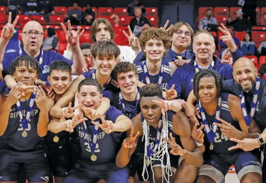  ?? KIRSTEN STICKNEY/SUN-TIMES, ALLEN CUNNINGHAM/SUN-TIMES (2023) ?? Clockwise from top: DePaul Prep’s players and coaches, including head coach Tom Kleinschmi­dt (center of back row), celebrate their consecutiv­e state titles after beating Mount Carmel in the Class 3A title game. Jaylan McElroy is congratula­ted by Kleinschmi­dt during the Rams’ Class 2A title run in 2023. The oncourt celebratio­n after beating Mount Carmel. Makai Kvamme puts up a shot during the state-title game.