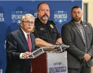  ?? BILL LACKEY/STAFF ?? Gov. Mike DeWine talks about the funding for local law enforcemen­t agencies as part of the Ohio Violent Crime Reduction Grant Program.