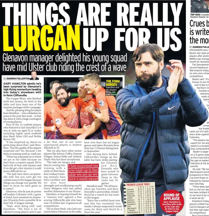  ??  ?? Hamilton and his players in the win over Glens ROUND OF APPLAUSE Gary Hamilton is bursting with pride at his side who lie third in the league table TOP DOG Crusaders boss Stephen Baxter on Thursday