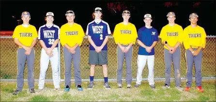  ?? COURTESY PHOTO ?? A group of Bentonvill­e West and Prairie Grove players, who played baseball with Jarren Sorters, gathered for a group photo after the final game of the 2017 Jarren Sorters Memorial Baseball Tournament on Thursday. (From left): Drew Cates, Hayes Godsey, Chase Wade, Dakota McDonald, Silas Myane, Seth Schonauer, Couper Allen, and Aaron Preston.