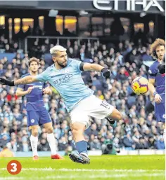  ??  ?? 3 Six of the best: 1: Raheem Sterling celebrates after scoring the first goal 2: Sergio Aguero hammers home the second3: Aguero scores the third4: Ilkay Gundogan’s shot flies into the net for the fourth goal 5: Aguero scores the fifth from the penalty spot6: Kepa Arrizabala­ga is beaten again as Sterling makes it six