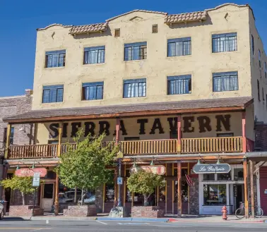  ??  ?? THE SIERRA TAVERN is one of many historic buildings in downtown Truckee, right; the Old Church Plaza, Bakersfiel­d, bottom; tall ship Hawaiian Chieftan with the Carson Mansion in the background, Eureka, opposite top.