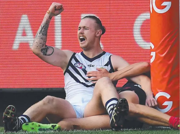  ?? Picture: AAP ?? Cam McCarthy of the Dockers celebrates after kicking the winning goal in the Round 4 AFL match against Melbourne at the MCG yesterday