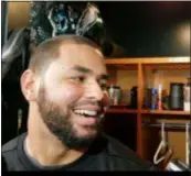  ??  ?? Eagles linebacker Kamu Grugier-Hill enjoys a light moment after being asked what got into him Friday when he called the Cowboys chokers.